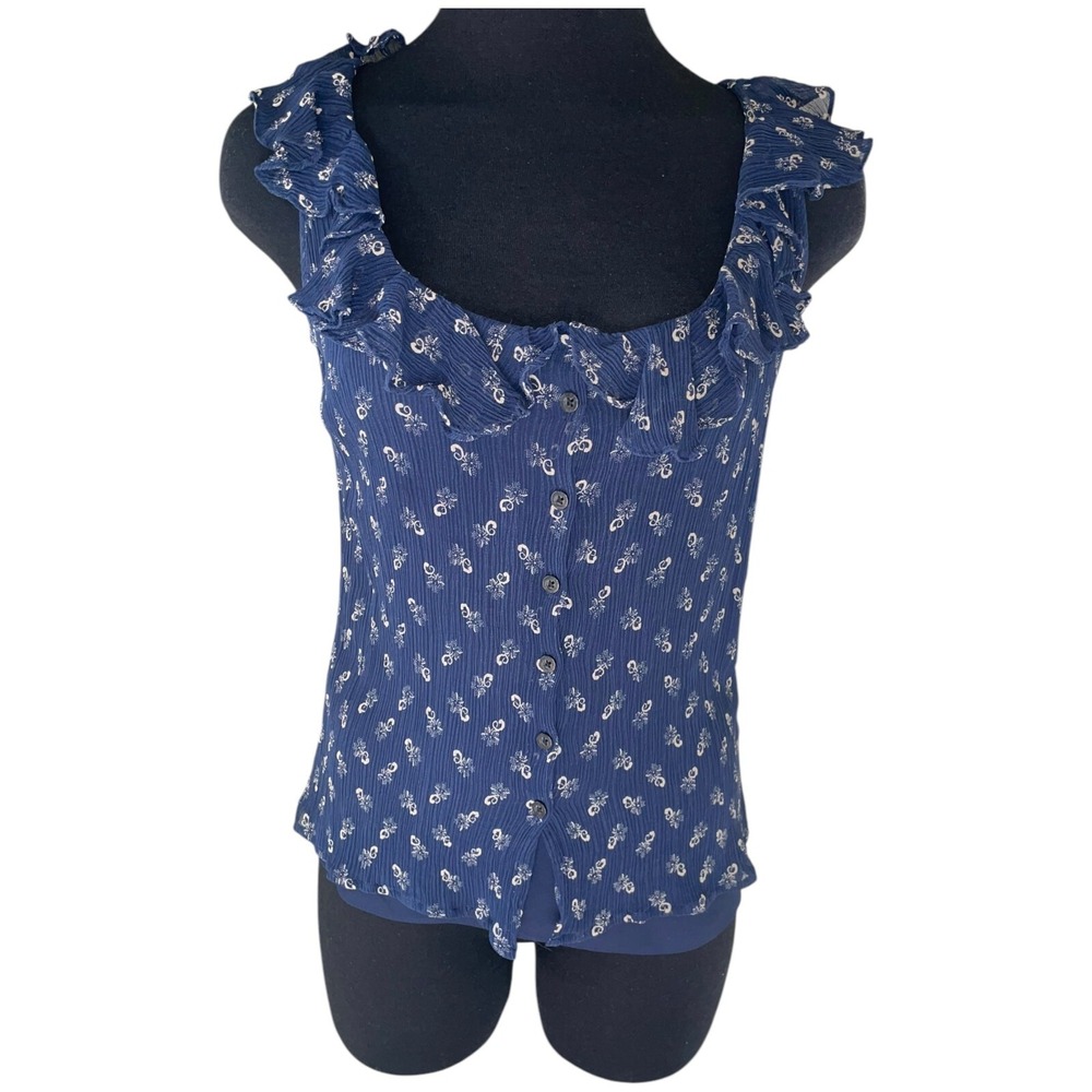 Lauren Ralph Lauren Tank Top M Blue Silk Ruffled Sheer Floral w Camisole Preppy